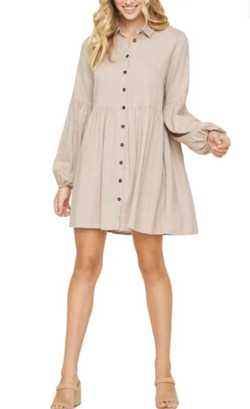 LOST + WANDER weekend bliss long sleeve button minidress beige Linen Medium NWT